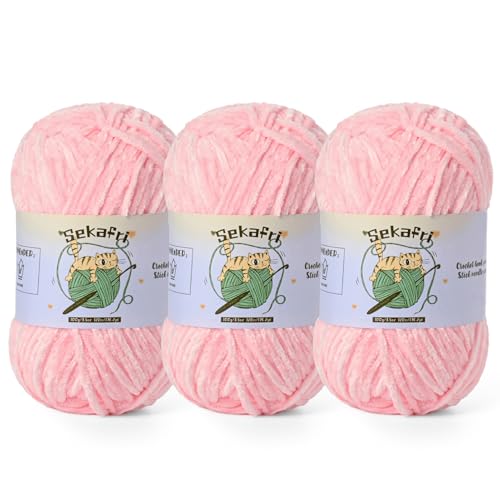 3 Pack of 300g (590yds) Fuzzy Chenille Yarn for Crocheting,Fluffy Amigurumi Crochet Yarn for DIY Craft/Hat/Clothes, Soft Velvet Baby Blanket Yarns（3 Light Pink） - color: 3 Light Pink