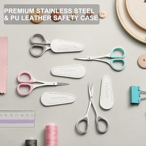 PAFASON Small Travel Sewing Embroidery Scissors Set Curve Straight Tip | Stainless Steel for Quilting Knitting Crafting Cross Stitch Crochet Thread Yarn Paper Detail Cutting Soft Rubber Handle - color: Green+pink+grey