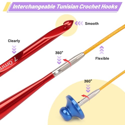Coopay Tunisian Crochet Hooks Set with 4 Cables, Long Crochet Hooks | 12-Size (3.0mm-10.0mm) Interchangeable Crochet Hooks, Smooth & Ergonomic, Perfect for Crocheting Blankets, Dolls, Shawls - color: Interchangeable Tunisian Set With Cables