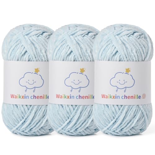 Skinny Chenille Yarn for Crocheting, 3 Pack of 1.75 oz/109 yds Amigurumi Yarn&Baby Yarn for Crocheting Soft, Fluffy Fingering Weight Velvet Yarn for DIY Crafts&Baby Blankets.(3 Baby Blue) - color: 3 Baby Blue