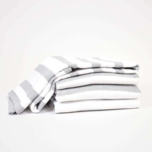Realm 17" x 27" 100% Cotton Kitchen Towel (4 Pack) | Stripe Pattern Pebble Grey | Soft, Plush & Absorbent with Solid White Backing - color: Pebble Grey, style: Stripe Kitchen Towel