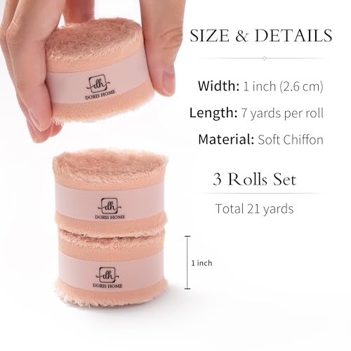 DORIS HOME Handmade Frayed Fringe Chiffon Ribbon 1" x 21Yd Nude Pink | Fabric Ribbon, For Flower Bouquet/Gift Wrapping/Wedding Invitations/Party Decorations - color: Nude Pink