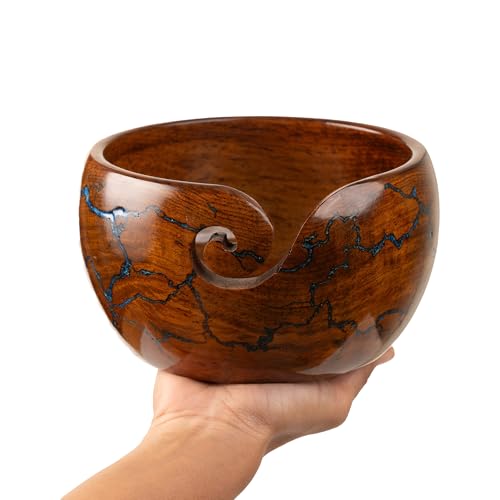 Wooden Yarn Bowl for Crocheting, 7x4 inch Large Rosewood Crochet Holder Gift Accessories and Knitting Gadgets Supplies Handcrafted with Fractal Wood Burning & Blue Resin Inlay ( Blue 7x4 ) - color: Blue