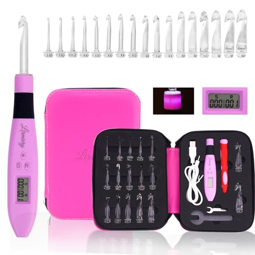 Lirmiery 17 Sizes Counting Crochet Hook Set Digital 2.50~14.0mm,2 Levels Brightness Dimmable Light Up Crochet Hooks for Stitch & Row Counter,Beginner Knitting Kit with 17Interchangeable Crochet Hooks - size: 17size Counting Crochet