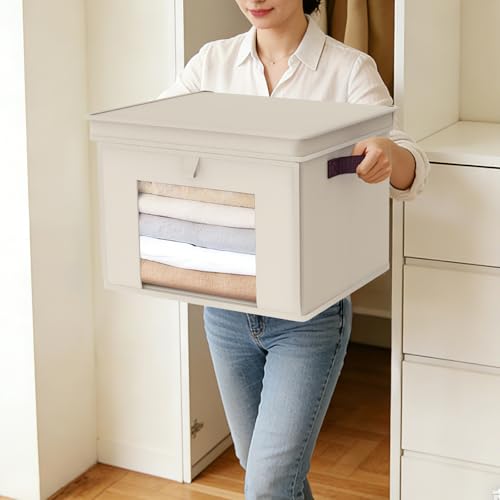 Univivi Front Opening Storage Bins with Lids for Closet, Beige, 4 Pack | Foldable Fabric Storage Cubes, Large Closet Organizers and Storage with Clear Window & Handles for Clothes Storage - color: Light Beige, size: 16.5''-4 Pack