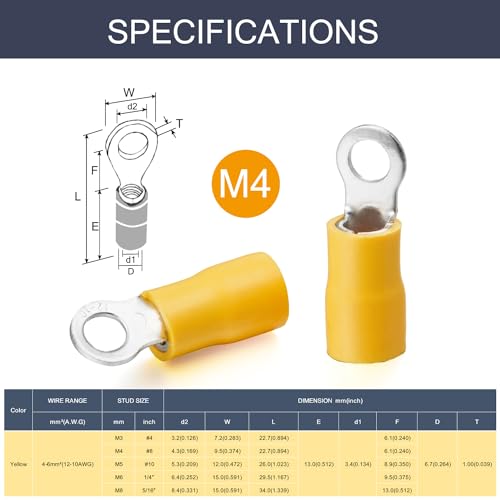 Chanzon 50pcs Yellow #8 M4 Ring Terminals 12-10AWG UL Recognized Insulated | Eyelet Wire Connector Gauge Electrical Crimp Connector for Boat Truck Stereo Car - size: 4mm Ring, style: 12-10AWG