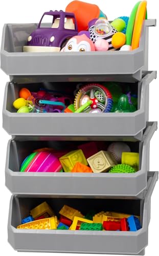 ReadySpace Extra Large Stackable Plastic Storage Bins, 4-Pack, Grey | Open-Front Stackable Bins For Garage, Pantry, Closet & Office, 14,8"L X 16,5"W X 7"H, Nests When Empty, Durable Plastic, - color: Grey, size: Extra Large, 4-Pack