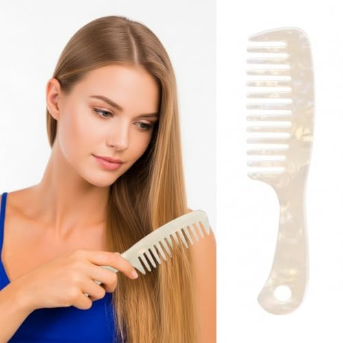 Large Wide Tooth Hair Comb Tortoise Shell Comb for Thick Curly Hair | Cellulose Acetate Hair Detangling Comb Round Tooth for Women Men or Kids, Anti-Static Wet or Dry, White - color: White