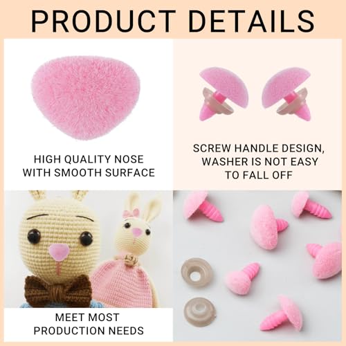 Winsyison 32pcs Craft Noses with Washers for Amigurumi, Pink | Plastic, Crochet Noses, Mix‑Size Flocking Craft Parts Accessories for Plush Crochet Puppet Animal Handmade Projects