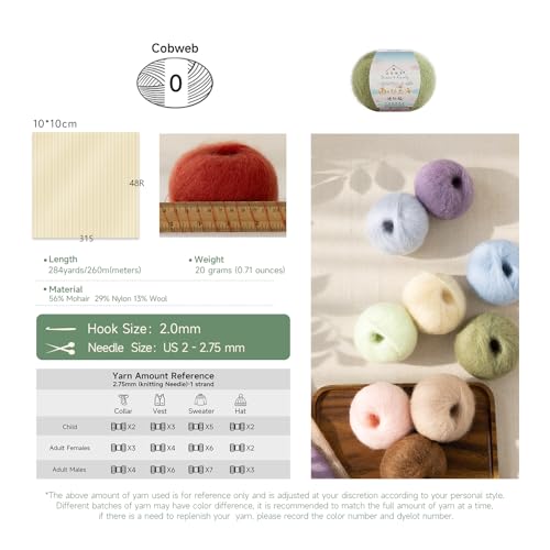 Susan's Family South African Soft Mohair Plus 2x20g/284Yds-09#Baby Blue | Soft and Durable Cobweb Weight Yarn, 56% Mohair 29% Nylon 13% Wool, 2x20g , 284Yds , for Knitting, Crochet and Crafts - color: 09#Baby Blue