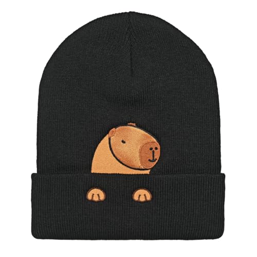 Personality Animal Head Embroidery Knit Beanie Hat for Adult and Big Kids Winter Warm Skull Cuffed Hats - color: Capybara 3-black
