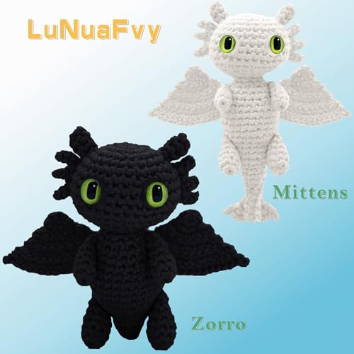 LuNuaFvy Crochet Kit for Beginner Adult/Teen/Kid 9+ - Learn to Crochet Animal Amigurumi Dragon Set with Left/Right-Handed 4hr Video, 3-Format Guides, Gift-Ready Packaging, Soft Yarn & Storage Bag - color: Dragon-Black-white