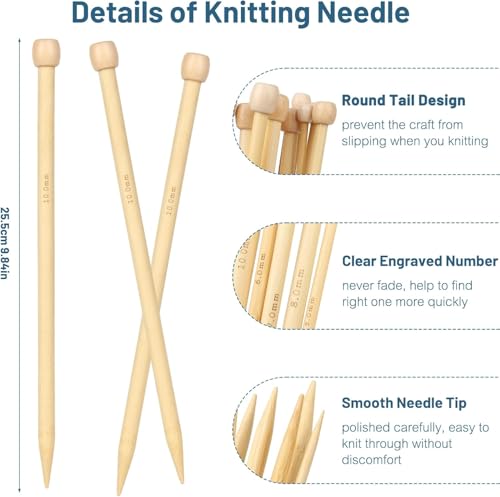Aeelike 18 Pairs Bamboo Knitting Needles Set, 2mm-8mm Wood Needle, Type G | 14 Inch Wooden Knitting Needles Single Point with Roll Bag, Complete Smooth Needle Set for Socks Sweater Scarves, Ideal Gift - color: Color C, size: 35 cm