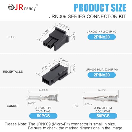 JRready Micro-Fit 3.0 2Pin Connector Kit MX 3.0 Dual Row 2 Circuits Receptacle Housing Plug 43020-0201/43025-0200 Molex Micro Wire Connector 3.0MM Pitch 20-24AWG Pins Sockets 20Sets ST6514 - color: 2 Pin