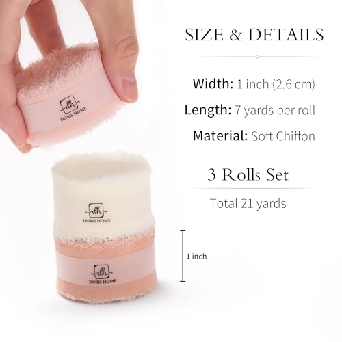 DORIS HOME Handmade Fringe Chiffon Ribbon 1" x 21Yd Pink & Cream | Fabric Ribbon, For Flower Bouquet/Gift Wrapping/Wedding Invitations/Party Decorations - color: Pink and Cream