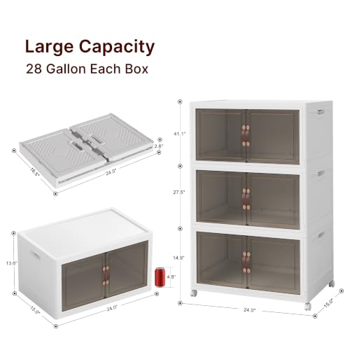 UAMFURI Stackable Storage Bins with Lids, 330QT Lockable Storage Cabinet | Closet Organizers, Foldable Storage Box with Doors and Wheels, Plastic Drawers for Home, Garage, Office (3, White, Plus) - color: White, size: Plus