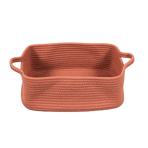 XUANGUO Medium Woven Cotton Rope Storage Basket with Handles, Rust | Small decorative rectangle storage bin for baby nursery items and cat toys; ideal as an empty gift basket or dog toy basket - color: rust
