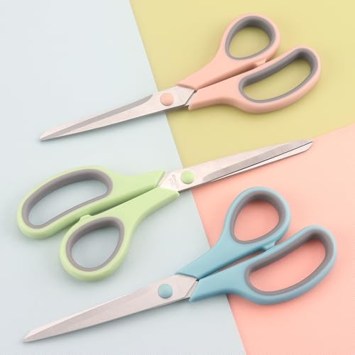 LONGKEY 8.5" Pastel Scissors 3-Pack, Ultra Sharp Stainless Steel, Gray | Soft Comfort-Grip Right/Left Hand - color: Gray