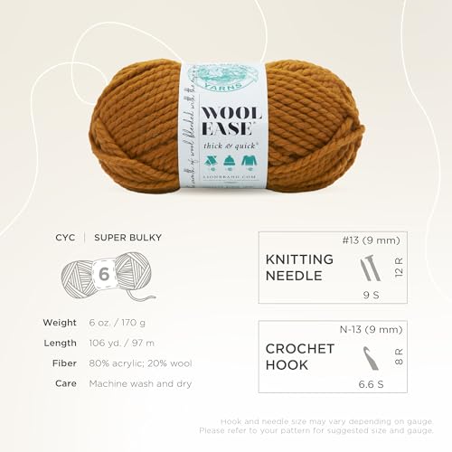 (1 Skein) Lion Brand Yarn Wool-Ease Thick & Quick Bulky Yarn, Butterscotch, 261 Foot (Pack of 1) | Super Bulky Wool Acrylic Blend Fiber for Soft Hats, Sweaters, Chunky Blankets, Yarn for Crochet, Knitting, Crafts, Weaving - color: Butterscotch, size: 1 Pa