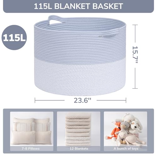 INDRESSME 115L Extra Large Woven Rope Blanket Basket Living Room Blue | 23.6" x 15.7" Storage baskets for toys laundry & pillows. Fits living room, bedroom or nursery décor. Soft-touch with handles - color: Blue & White, size: 23.6"D x 15.7"H