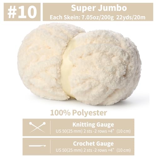 Chunky Jumbo Chenille Yarn #10 Milky White 10 Pack | 200g/22yds Super Bulky Baby Soft Yarn for Hand Knitting Fluffy Chunky Knit Throw Blanket Yarn - color: Milky White