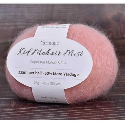 Kid-Silk Mohair Yarn, Lace Weight, 4 Balls 100g, 1420 yds | Yarnique 61% Super Kid Mohair & 20% Silk | Airy Halo | Soft Glow（31 Peach Pink） - color: 31 Peach Pink