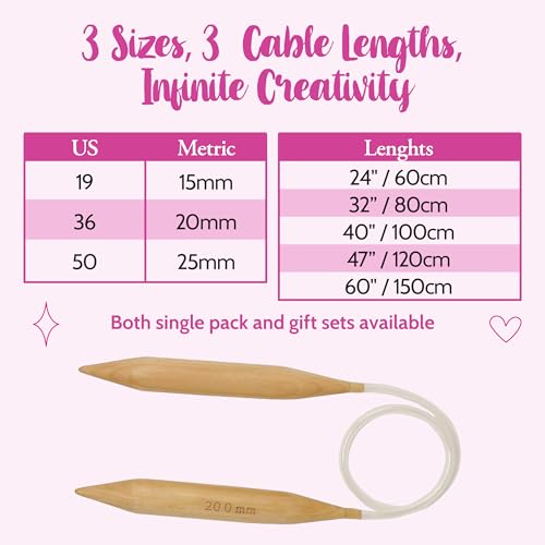 KnitPal 47" (120cm) Wooden Circular Knitting Needles - US Size 36 (20mm) | Thick Oak Wooden Knitting Needles with Cable for Chunky Yarn with eBook - size: US 36 (20mm), 47"(120cm)