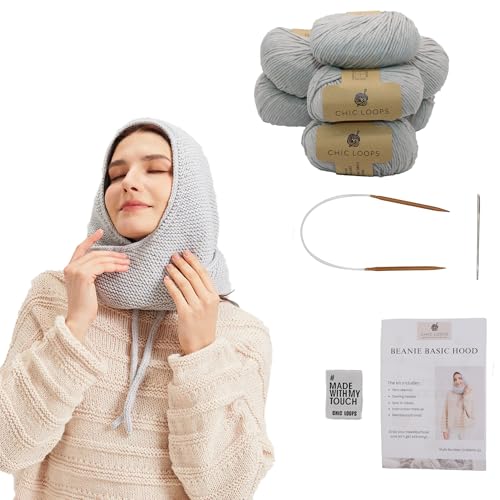 Chic Loops Knitting Kit for Beginners, Knitted Hooded Scarf Beginner Crochet Kit for Adults, Crochet Soft and Cozy Balaclava Beanie Basic Hood for Womem Outdoor Sports with Instruction(Pale Grey)