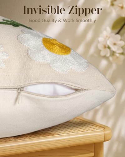 Embroidered Throw Pillow Cover 18x18 Inch, Flower Bee | Decorative Pillow Cover, Floral Farmhouse Cushion Case with Hidden Zipper, Home Decor for Couch, Sofa, Living Room, Bedroom - color: Flower Bee, size: 18" x 18" (Pack of 1)