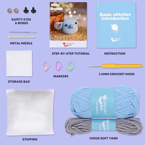 Crochet Kit for Beginners: Elephant Crochet Kit for Adults, Include Easy to Use Yarn, Step-by-Step Video, Patterns, Learn to Crochet, Thanksgiving, Christmas, Birthday Gift - color: Elephant