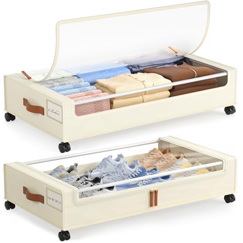LAMU Under Bed Storage with Wheels, 2Pack Underbed Storage Containers,Beige | Smooth-rolling Wheels, Clear Lid & Label, Sturdy Metal Frame, Easy Install, Rolling Storage Drawers for Clothes, Shoes, Toys - color: Beige, size: 2 Pack