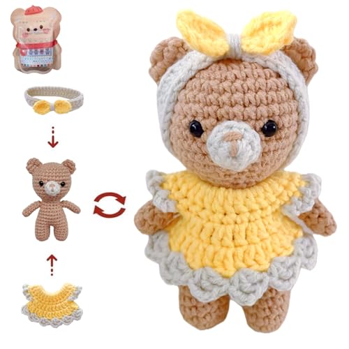 LoopMap Amigurumi Crochet Kit for Beginners with Removable Dress & Video Tutorials, DIY Bear Making Kit Includes Premium Yarn & Tools, Creative Gift for Adults Teens (Yellow) - color: yellow, style: Bear K01