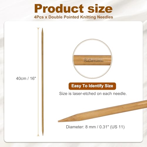 HARFINGTON 4Pcs Double Pointed Knitting Needles Size US 11 (8mm) 16" Long Carbonized Bamboo Straight Knitting Needles for Beginners Handmade Creative DIY Craft Yarn Projects - size: Size US 11 (8mm)