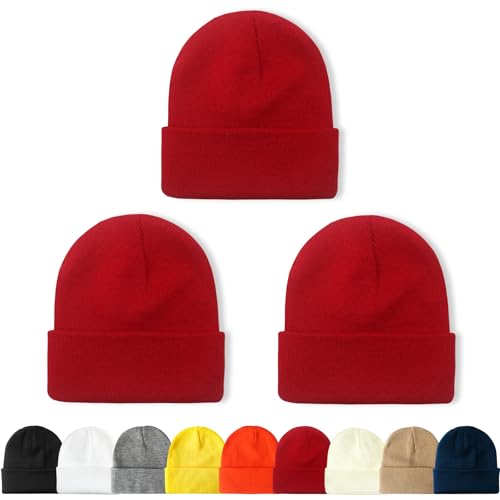 NPQQUAN 3 Packs Unisex Beanie Hats for Men Women Winter Knit Beanies | Mens and Womens,Great Stretch Knit,Thick Warm Comfort Beanies,Outdoor Sports including Skiing Running Camping - color: Red+red+red