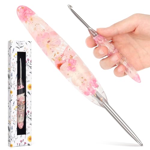 Katech 4.5mm Crochet Hook for Arthritic Hands,Hand-Polished Stainless Steel | Ergonomic Crochet Hooks with Customized Sparkle Dried Floral Grip, Smooth Tapered Hook-Crochet Gift for Beginner & Crocheter - size: 4.5mm