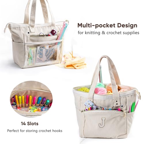 Initial Personalized Corduroy Yarn Bag Tote - Yarn Holder & Crochet Organizer for Hooks, Accessories & Projects - size: J