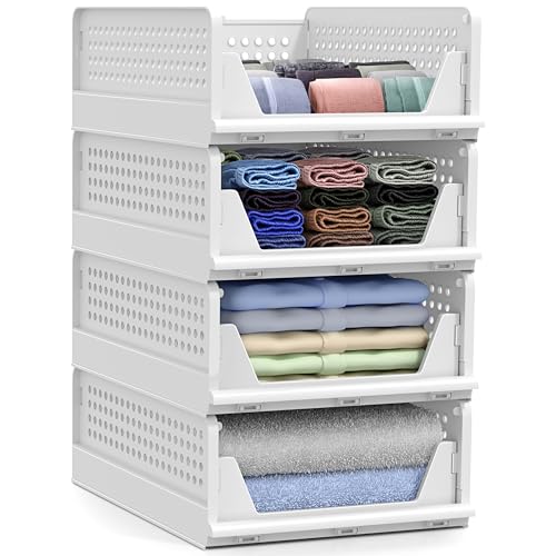 Sorbus Stackable Closet Organizer, Open-Front Shelf Bins (4 Small) | Plastic shelves and baskets for clothes in pantries, bathrooms, kitchens, garages, cabinets and countertops. - size: 4 Small