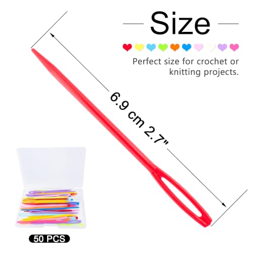 Deshionew 50 PCS Plastic Yarn Needles for Crafts, 2.7" Large Eye Safe Needles with Case, Sewing Needles for Yarn Knitting Projects, Learn Basic Stitches, DIY Sewing Handmade - 10 Colors