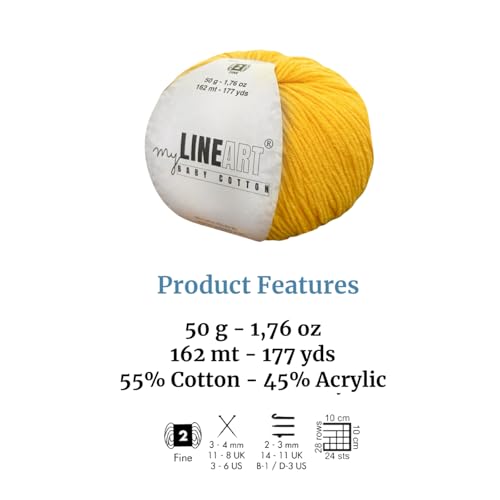 Baby Cotton Yarn, 55% Cotton 45% Acrylic, Fine (2) for Crochet and Knitting 4x1.76 Oz (4x50g) / 4x177 Yrds (4x162m), Soft Yarn, Amigurumi Yarn - color: Dark Yellow, size: 4 Skeins