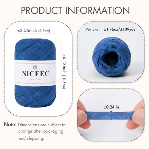 NICEEC 6 Skeins Soft Tape Yarn-Dark Blue | Crocheting Craft Paper Yarn Easy Crochet Raffia Yarn Ribbon Yarn for DIY Craft Gift Wrapping Total Length 1.76oz*2/109yds*2 - color: Dark Blue, size: 6 Pack
