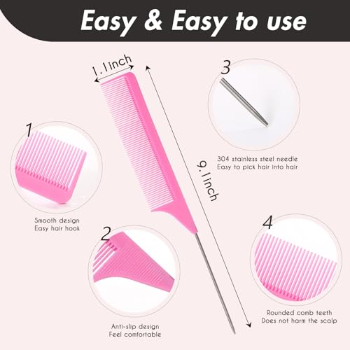 6PCS Rat Tail Combs Set, Parting Fine Tooth Combs with Metal Pick for Braiding Hair Women/Men Highlighting and Parting(Purple, Black, Pink) - color: Purple+ Black+Pink