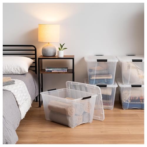 IRIS USA 6-Pack 54 Quart Storage Bins with Lids, Clear | Transparent design makes contents easy to find. Perfect for moving, blankets, clothing, and garage storage. Nestable design - color: Clear, size: 54 Qt, style: 6 Pack