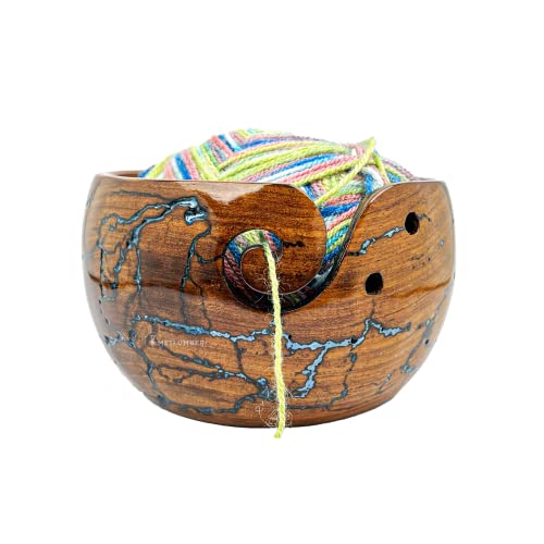 METLUMBER Wooden Yarn Bowl Rosewood Yarn Storage Bowl Holder & Dispenser for Tangle-Free Yarn Perfect Large Knitting & Crochet Bowl Fractal Wood Burning & Resin Artwork