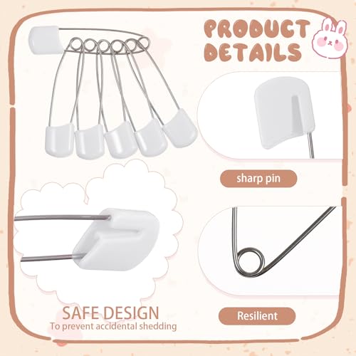 WILLBOND 100 Pcs Large Safety Pins for Clothes,with Bag, White | Plastic Head with Locking Closures, Heavy Duty Nappy Pins Hooks, 2.2 Inch Fasteners, Stainless Steel, Velvet Bag - color: White