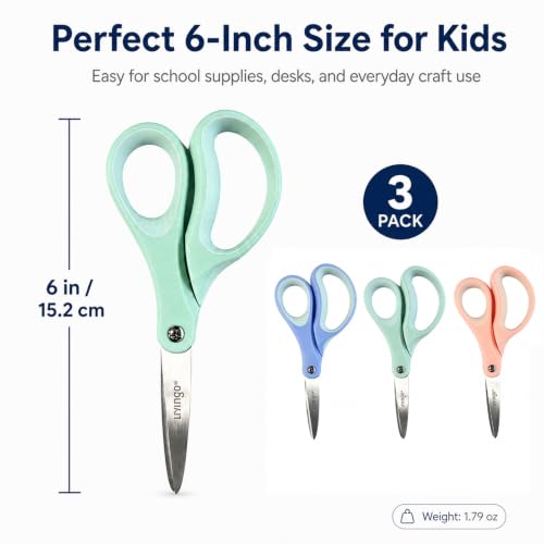 LIVINGO Kids Scissors 6 Inch 3 Pack Soft Blue Mint Green Peach Pink | School Supplies for Age 8-12, Pointed Tip, Stainless Steel Blades, Left & Right Handed Grip, DIY Craft Classroom Use