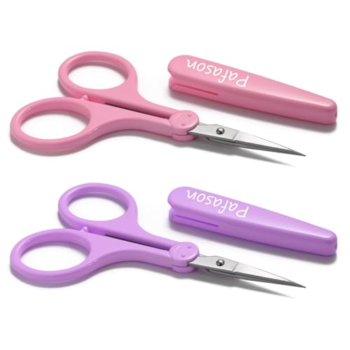 PAFASON Small Travel Sewing Craft Scissors Set Straight Precision Fine Tip | Stainless Steel for Quilting Knitting Embroidery Cross Stitch Crochet Thread Yarn Paper Detail Cutting Safety Case - color: Straight 4in Pink + Straight 4in Purple