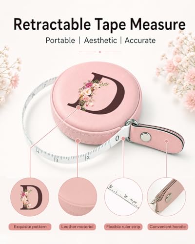Maicican Retractable Tape Measure, Pink Leather Sewing Measuring Tape, D | with Initial A-Z, 60"/1.5m Soft Sewing Measuring Tape for Body Measurements, Portable Small Fabric Ruler - color: Tape Measure-Pink D