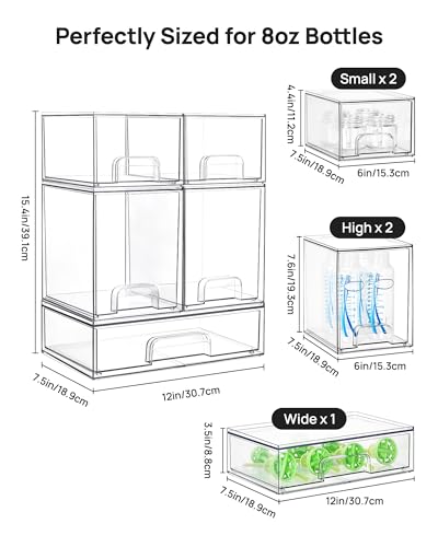 Vtopmart Clear Stackable Storage Drawers Set of 5, Plastic Organizer Bins | Multi-purpose Boxes for Baby Bottle Storage, Ideal for Kichen, Vanity, Bathroom, Undersink, Cabinet, Pantry Organization - style: 2 Small+2 High+1 Wide