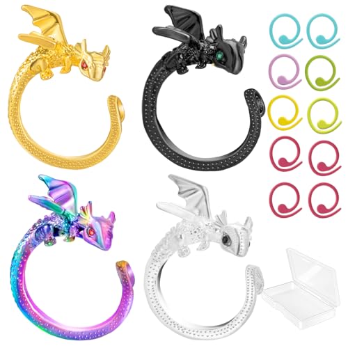HUISUYTON Dragon Crochet Rings, 4Pcs Crochet Tension Rings | Adjustable Yarn Ring for Finger, Knitting Crochets Loop Ring for Women Mother Grandma Gifts - color: Colorful