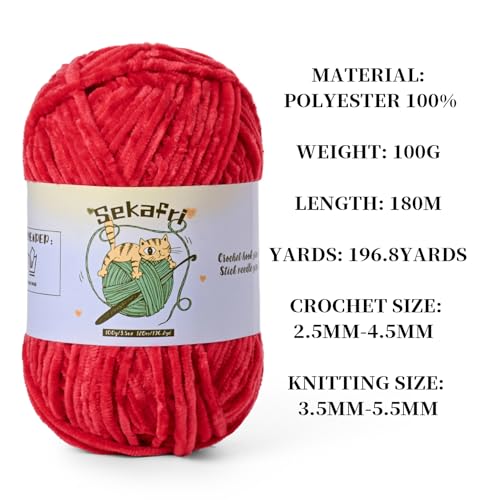 3 Pack of 300g (590yds) Fuzzy Chenille Yarn for Crocheting,Fluffy Amigurumi Crochet Yarn for DIY Craft/Hat/Clothes, Soft Velvet Baby Blanket Yarns（3 Red） - color: 3 Red